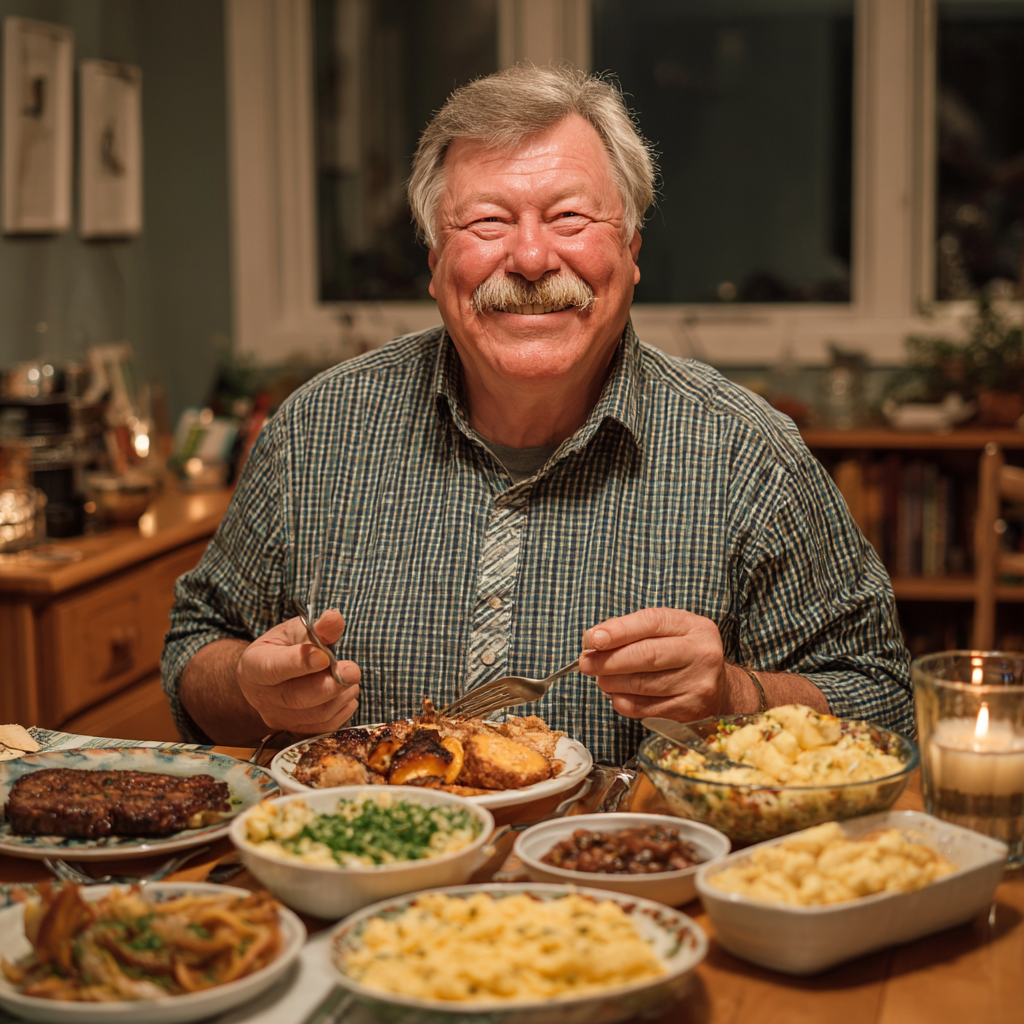 Чоловік віком 58 років за обіднім столом з різноманітними стравами, посміхається та тримає виделку