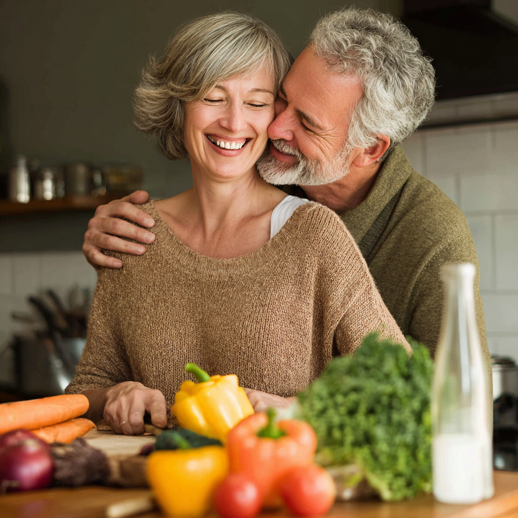 Пара віком 52-60 років разом готує здорову їжу на кухні, посміхаються та обіймаються