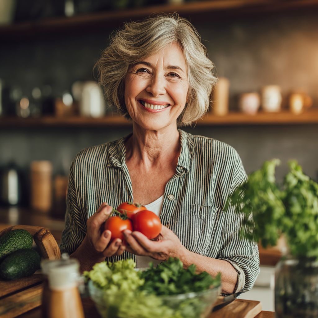 Щаслива жінка віком 55 років готує свіжий салат на кухні, посміхається та тримає в руках овочі